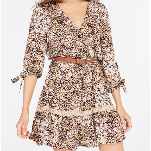 American Rag Womens Juniors Belted Animal Print Mini Dress-Tiger Irish Cream - Picture 1 of 12